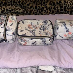 Victoria's Secret Floral Cosmetic Bag Set - Cream and Blue (Limited Edition)